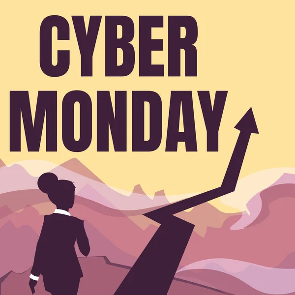 Conceptual display Cyber Monday. Business idea a day where ecommerce websites offer a special deal for buyers Lady Walking Towards Mountains With An Arrow Marking Success — 图库照片