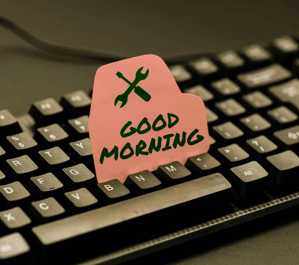 Text caption presenting Good Morning. Business approach happy day message and inspirational with a smile and love Typing Online Website Informations, Editing And Updating Ebook Contents — Stock Photo, Image