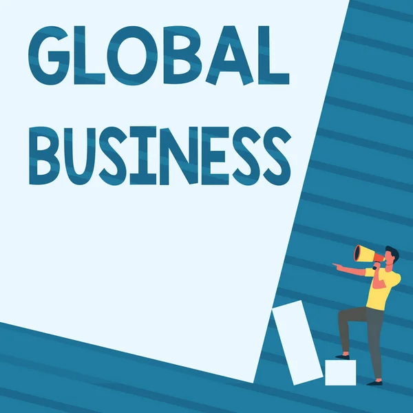 Hand writing sign Global Business. Conceptual photo Trade and business system a company doing across the world Man Standing Drawing Holding Megaphone Pointing Blank Wall. — Zdjęcie stockowe