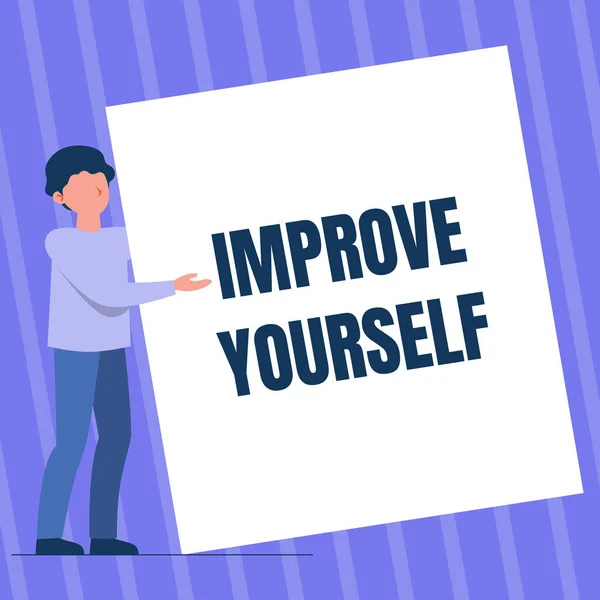 Text showing inspiration Improve Yourself. Word for to make your skills looks becoming a better person Man Standing Drawing Holding Presenting Huge Blank Paper. — Stock Photo, Image