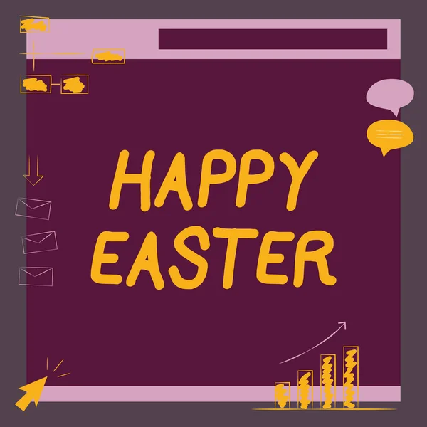 Podpis tekstowy przedstawiający szczęśliwą Wielkanoc. Koncepcja oznacza celebrację zmartwychwstania Jezusa Chrystusa od wschodu słońca Ilustracja przyjęcia wiadomości przez Zarząd i poszukiwanie ulepszeń. — Zdjęcie stockowe