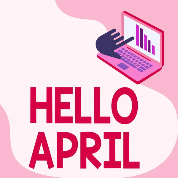 Text sign showing Hello April. Word Written on a greeting expression used when welcoming the month of April Laptop Drawing Showing Graph Growth Hand Pointing Screen. — Fotografia de Stock
