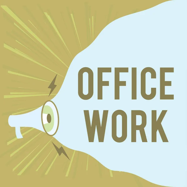 Text caption presenting Office Work. Internet Concept a work that primarily happens in the office environment Megaphone Drawing Making New Loud Announcement To Blank Cloud. — Fotografia de Stock