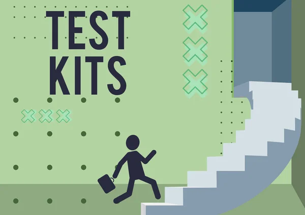Text showing inspiration Test Kits. Internet Concept tools used to detect the presence of something in the body Gentleman In Suit Running Upwards On A Large Stair Steps Showing Progress. — Foto Stock