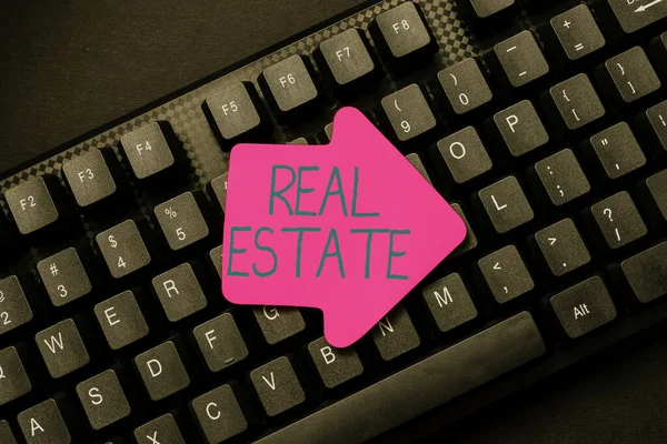 Handwriting text Real Estate. Conceptual photo total property consisting of both natural resource and building Abstract Gathering Investigation Clues Online, Presenting Internet Ideas — Foto Stock
