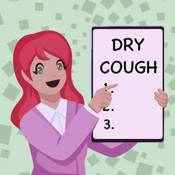 Inspiration showing sign Dry Cough. Concept meaning cough that are not accompanied by phlegm production or mucus Business Woman Drawing Holding Blank White Board Presenting Announcements — Foto Stock