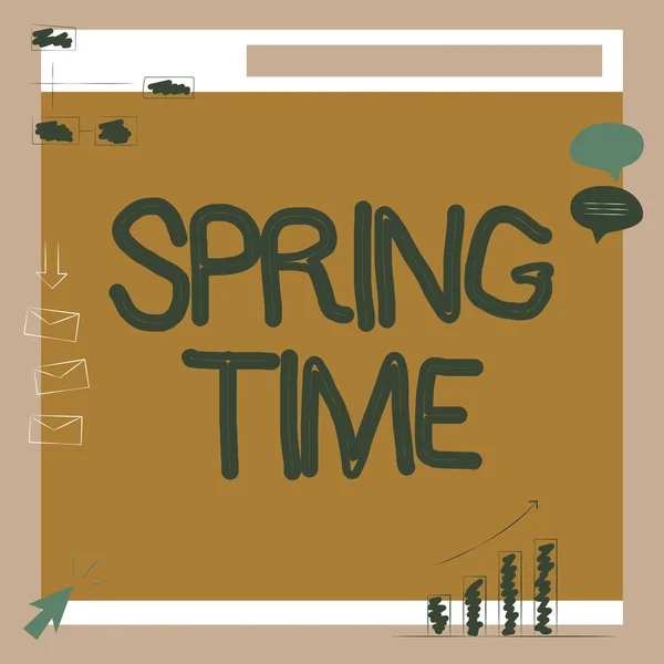 Scrivere la visualizzazione del testo Spring Time. Parola per la stagione temperata dell'anno identificato da una rinascita delle piante Illustrazione del bordo ricezione di messaggi e ricerca di miglioramenti. — Foto Stock