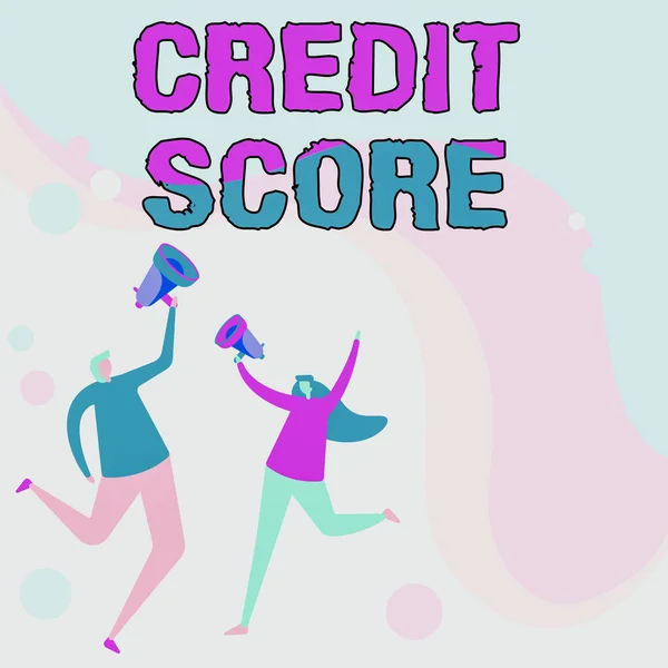 Writing displaying text Credit Score. Business approach numerical expression that indicates a person s is creditworthiness Illustration Of Partners Jumping Around Sharing Thoughts Through Megaphone. — стоковое фото