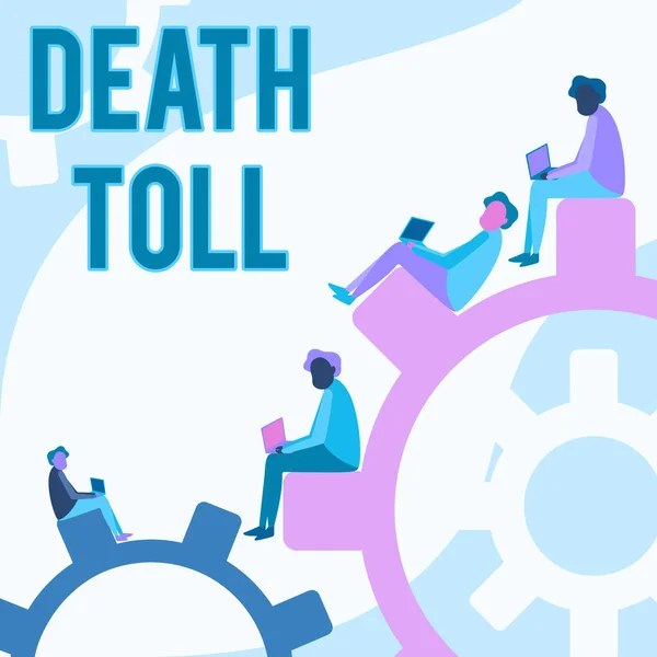 Konceptuální popisek Death Toll. Přehled o počtu úmrtí v důsledku konkrétního incidentu Čtyři spoluhráči Drawing Seitting Gears Using Laptop Showing Progress. — Stock fotografie