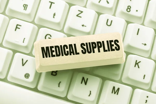 Sign displaying Medical Supplies. Word for Items necessary for treatment of illness or injury Abstract Replying To Online Message, Typing And Sending Internet Letters — Stock Photo, Image