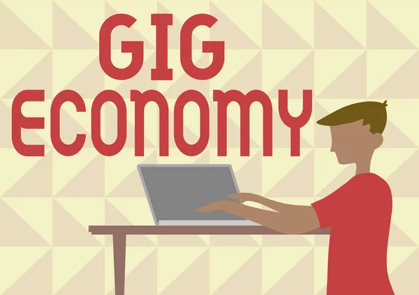İlham, Gig Economy işaretini gösteriyor. İş fikri. Kısa vadeli işler ve sözleşmelerle ayırt edilen bir pazar sistemi. Dizüstü bilgisayarını ahşap masanın üstüne yerleştirerek ayakta duran iş adamı.. — Stok fotoğraf