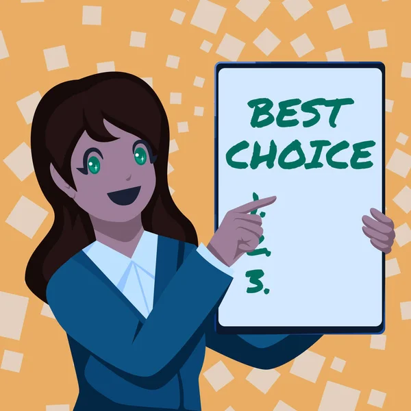 Hand writing sign Best Choice. Word for defined to be the best option an individual should go for Business Woman Drawing Holding Blank White Board Presenting Announcements — стоковое фото