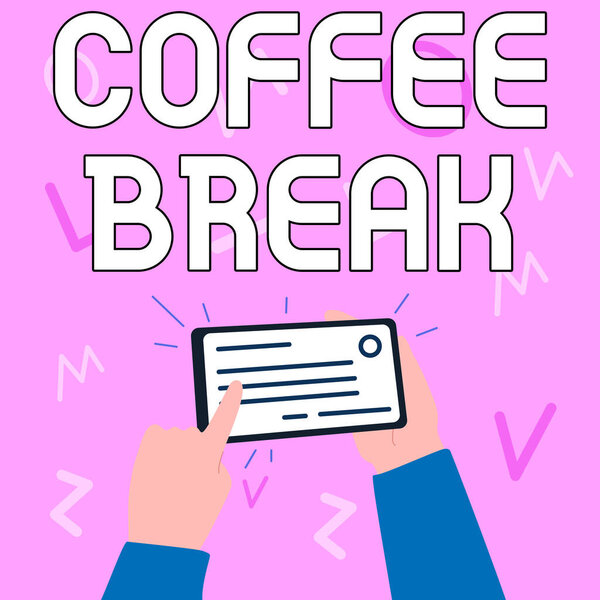 Writing displaying text Coffee Break. Business showcase short time allotted for drinking coffee without doing any work Illustration Of Hand Holding Important Identification Card Pointing It.