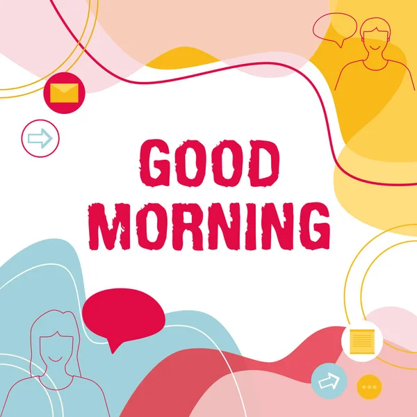 Text showing inspiration Good Morning. Business idea happy day message and inspirational with a smile and love Illustration Couple Speaking In Chat Cloud Exchanging Messages. — стоковое фото