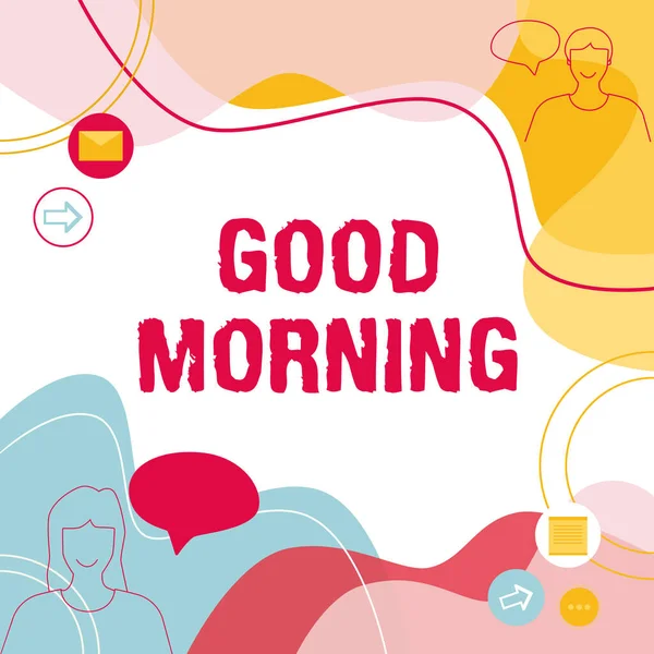 Text showing inspiration Good Morning. Business idea happy day message and inspirational with a smile and love Illustration Couple Speaking In Chat Cloud Exchanging Messages.