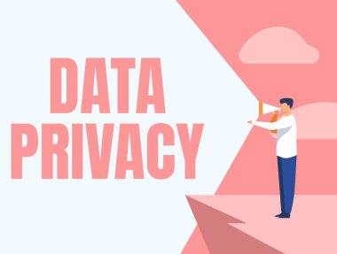 Kavramsal başlık Veri Mahremiyeti. İş konsepti İnternet güvenliği ve web sitesinin dijital koruması ya da ana sayfada bulunan iş adamı çizim yapıyor Megafon Yapımını kullanarak.