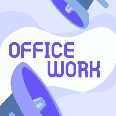 Yazı başlığı Ofis Çalışmalarını sunar. İş genel değerlendirmesi, öncelikle ofis ortamında yapılan bir çalışma. Bir çift megafon çizimi Chat Cloud 'da duyuru yapıyor..