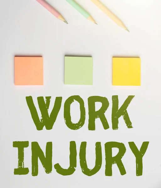 Inspiration showing sign Work Injury. Internet Concept an accident occurred as a result of labor resulting to an damage Flashy School Office Supplies, Bright Teaching Learning Collections — Fotografia de Stock