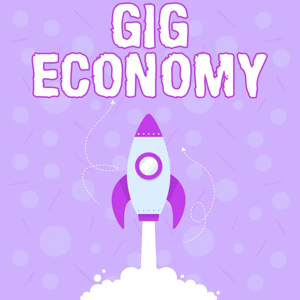 Visualizzazione concettuale Gig Economy. Business vetrina un sistema di mercato che si distingue per i posti di lavoro a breve termine e contratti Illustrazione di Rocket Ship lancio veloce dritto verso lo spazio esterno. — Foto Stock