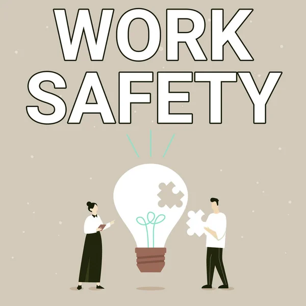 Título conceptual Seguridad en el trabajo. Idea de negocio medidas preventivas aplicadas por las empresas para proteger la salud de los trabajadores Ilustración de socios Nuevas ideas maravillosas para la mejora de habilidades. — Foto de Stock