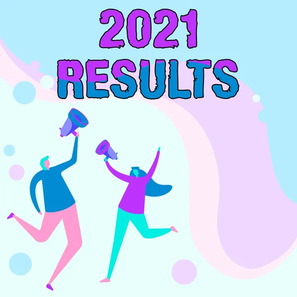 Conceptual caption 2021 Results. Internet Concept any outcome of an action or event that happens in the year 2021 Illustration Of Partners Jumping Around Sharing Thoughts Through Megaphone. — Stockfoto