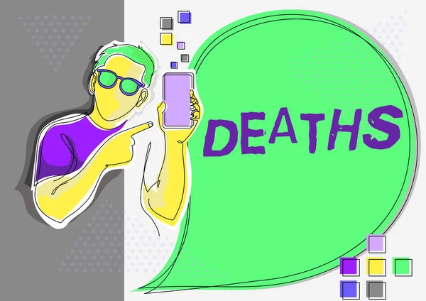 Inspiration showing sign Deaths. Concept meaning permanent cessation of all vital signs, instance of dying individual Line Drawing For Guy Holding Phone Presenting New Ideas With Speech Bubble. — Foto Stock