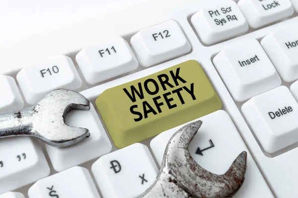 Texto que muestra inspiración Work Safety. Concepto que significa medidas preventivas aplicadas por las empresas para proteger la salud de los trabajadores. — Foto de Stock