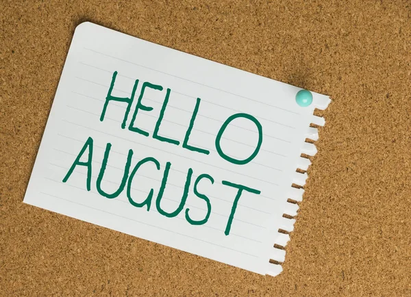 Conceptual display Hello August. Business approach a positive greeting for the month of summertime season Flashy School Office Supplies, Teaching Learning Collections, Writing Tools, — Foto Stock