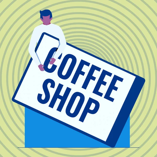 Handschrift Coffee Shop. Business concept een restaurant dat voornamelijk koffie serveert, en lichte maaltijden Gentleman Drawing Holding A Enorme Blank Klembord. — Stockfoto