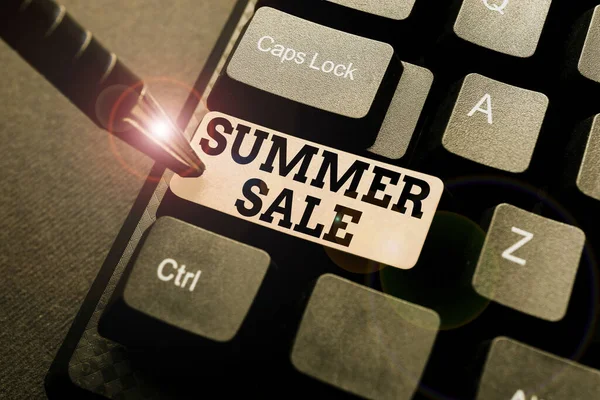 Writing displaying text Summer Sale. Business idea a special type of discount to merchandise imposed during summer Abstract Typing A Good Restaurant Review, Ordering Food Online Concept — Fotografia de Stock