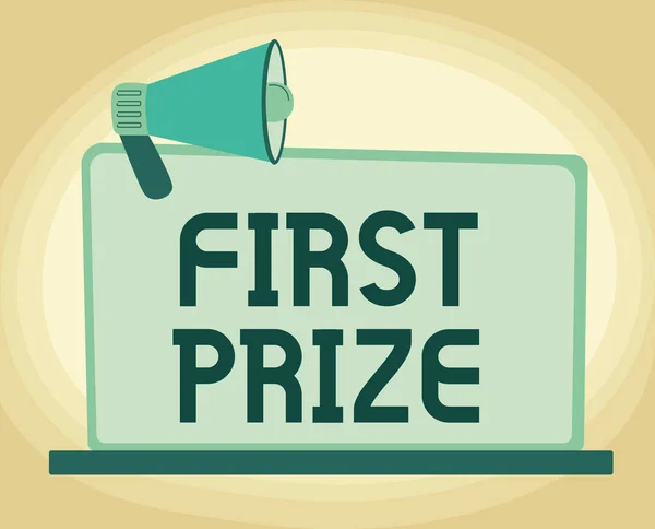 Text sign showing First Prize. Internet Concept most coveted prize that is only offered to the overall winner Illustration Of Megaphone On Blank Monitor Making Announcements. — Stock Photo, Image