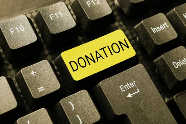 Text showing inspiration Donation. Conceptual photo something that is given to a charity, especially a sum of money Abstract Creating Online Transcription Jobs, Typing Website Descriptions — Stockfoto