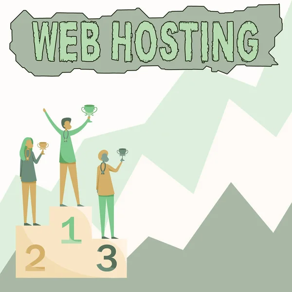 Inspiration showing sign Web Hosting. Conceptual photo business allowing access to a server to store data in a website Three Competitors Standing On Podium Holding Trophies Celebrating Victory. — Stock Fotó