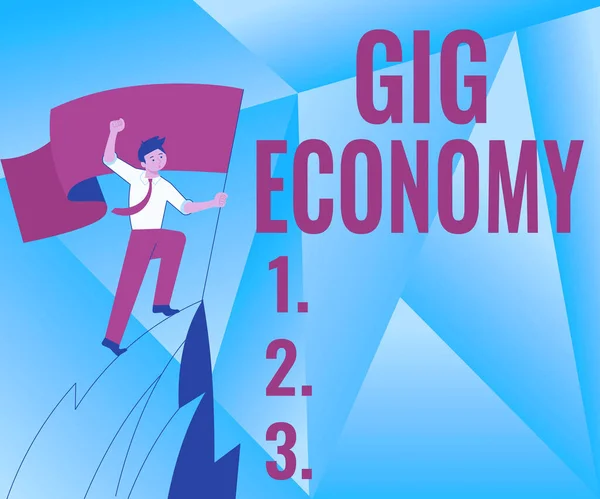 "Gig Economy" ilhamını gösteren bir metin. İnternet kavramı, kısa süreli işlerle ve Dağdaki Adam 'ın Bulutlara tırmanma başarısıyla gurur duyduğu sözleşmelerle belirlenen bir pazar sistemidir.. — Stok fotoğraf