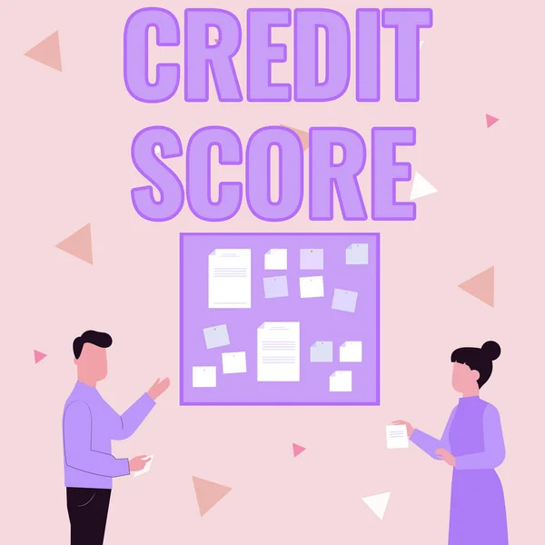 Hand writing sign Credit Score. Conceptual photo numerical expression that indicates a person s is creditworthiness Illustration Of Couple Presenting Ideas Holding Notes Sticking On Boards. — 图库照片
