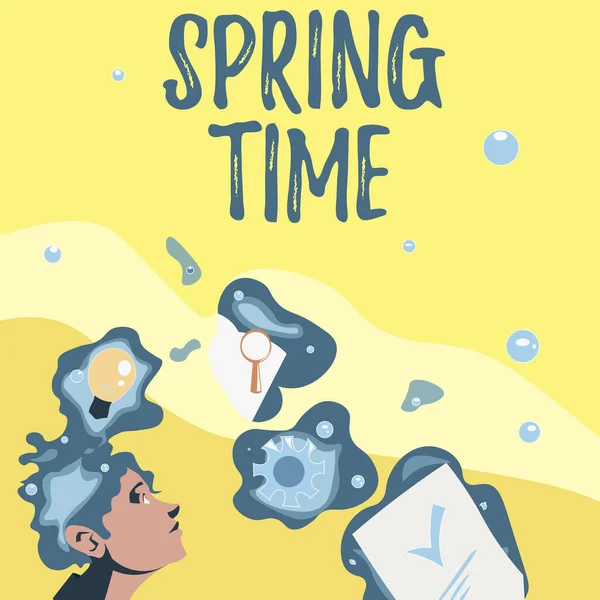 Sign displaying Spring Time. Business idea temperate season of the year identified by a revival of plants Illustration Of A Man Standing Coming Up With New Amazing Ideas — Stockfoto