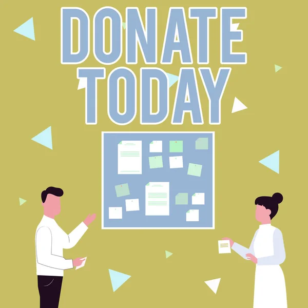 Inspiration showing sign Donate Today. Internet Concept to give like goods, money or time to a person or organization Illustration Of Couple Presenting Ideas Holding Notes Sticking On Boards. — Foto Stock
