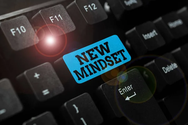 Hand writing sign New Mindset. Business overview freshly madeup thoughts and beliefs shaping a person s is mind Abstract Office Typing Jobs, Typewriting Important Work Reports — Stockfoto