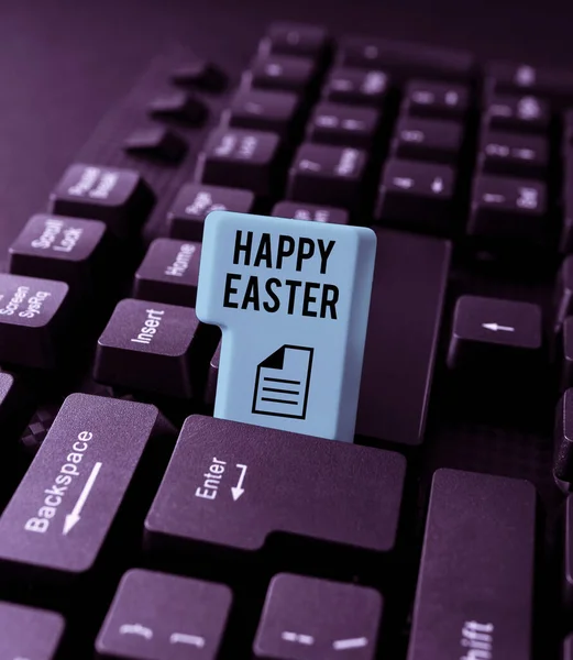 Conceptual caption Happy Easter. Concept meaning a celebration of the resurrection of Jesus Christ from at sunrise Typing Engineering Lessons And Lectures, Fixing Broken Technology Concept — Stock Fotó
