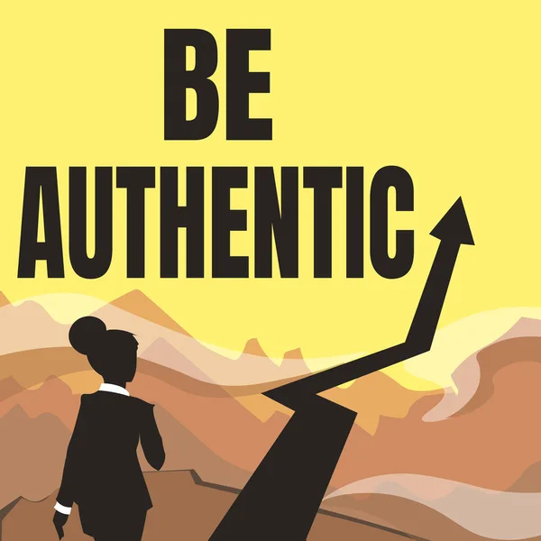 Hand writing sign Be Authentic. Business idea being truth and genuine to oneself without imitating the others Lady Walking Towards Mountains With An Arrow Marking Success — Stockfoto