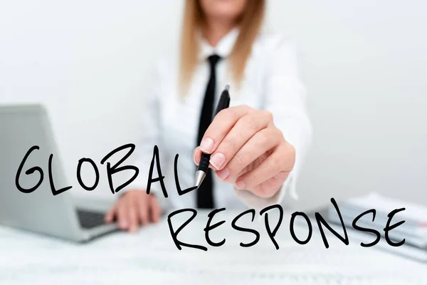 Writing displaying text Global Response. Business overview indicates the behaviour of material away from impact point Teaching New Ideas And Designs, Abstract Professor Giving Lectures — Foto Stock