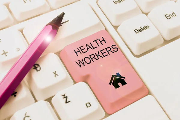 Tekst bijschrift presenteren Health Workers. Zakelijke aanpak waarvan de taak om de gezondheid van hun gemeenschappen te beschermen Typ Firewall Program Codes, Typewriting Rules And Regulations Book — Stockfoto