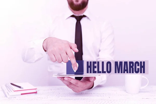 Inspiration showing sign Hello March. Word Written on a greeting expression used when welcoming the month of March Presenting Communication Technology Smartphone Voice And Video Calling — Stock Fotó