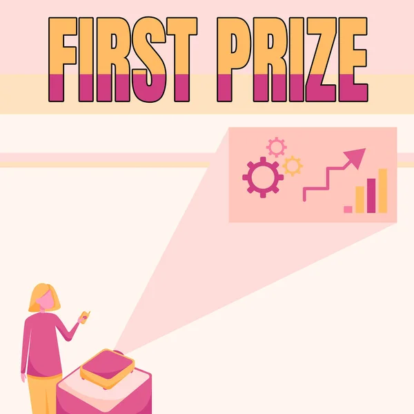 Conceptual caption First Prize. Word Written on most coveted prize that is only offered to the overall winner Lady Standing Holding Projector Remote Control Presenting Graph Growth. — 图库照片