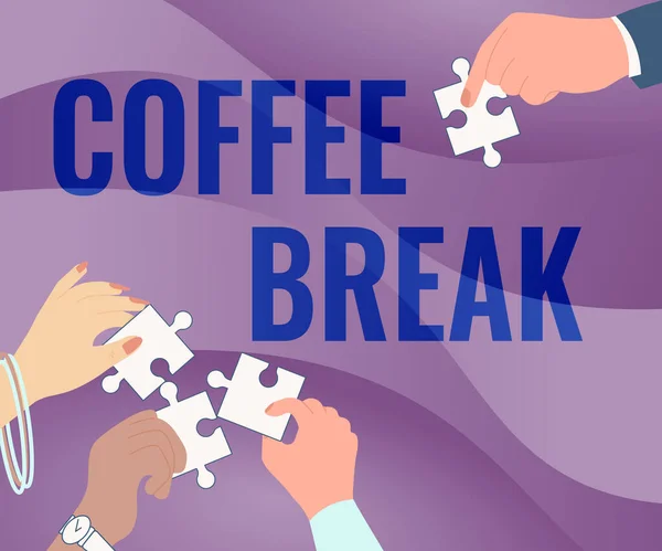 Schild mit der Aufschrift "Kaffeepause". Business-Schaufenster kurze Zeit für Kaffee trinken, ohne irgendeine Arbeit zu tun Illustration der Hände halten Puzzleteile einander helfen. — Stockfoto