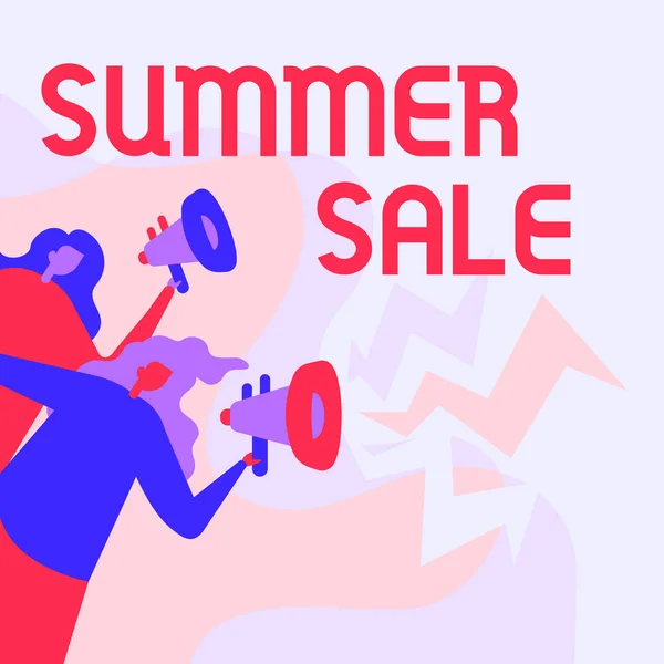 Conceptual caption Summer Sale. Business approach a special type of discount to merchandise imposed during summer Women Drawing Holding Megaphones Making Announcement To The Public. — Fotografia de Stock