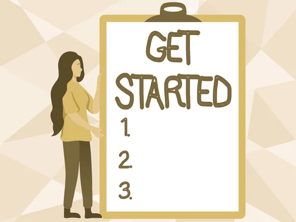 Text sign showing Get Started. Internet Concept to begin accomplishing or working on the tasks to finish it Woman Drawing Holding A Big Empty Clipboard Showing New Meaning. — Stock Photo, Image