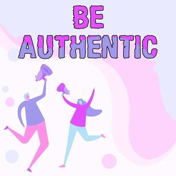 Handwriting text Be Authentic. Business showcase being truth and genuine to oneself without imitating the others Illustration Of Partners Jumping Around Sharing Thoughts Through Megaphone. — Stockfoto