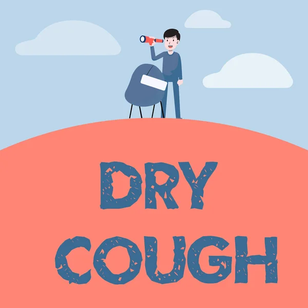 Conceptual caption Dry Cough. Word for cough that are not accompanied by phlegm production or mucus Man Binoculars Illustration Standing Chair With Sign Looking Opportunities. — Foto Stock