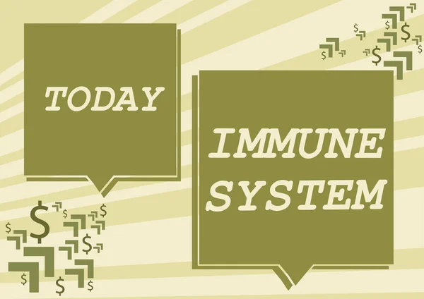 Konceptuell visning Immunsystem. Affärsidé Komplexa nätverk arbeta tillsammans för att försvara mot bakterier Två färgglada överlappning Tal Bubbla Ritning Med Dollar Logga in. — Stockfoto